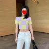 Pulls pour femmes Sexy Crop Tops Mode T-shirt court pour femmes Color Matching Plaid Knit Pull Tees Girly Sweet Slim O-cou Summer T