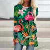 Vestidos casuais primavera verão verão feminino feminina fragmentada flor fragmentada flamingo 3d estampado na praia redondo pullover de manga longa