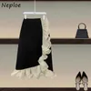 Vestido de dos piezas Neploe V cuello contraste color tops de un solo pecho cintura alta volantes faldas de patchwork traje coreano oficina dama elegante 2 piezas conjunto 230509