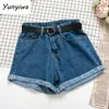 Shorts femininos Celana pendek jeans wanita kasual ikat pinggang cocok semua jeans musim panas ramando tinggi keriting populer feminino 230510