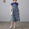 Etnische kleding 2023 dames vintage cheongsam Chinees verbeterde qipao jurk nationale bloemenprint katoen linnen elegant patchwork