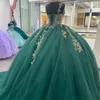 녹색 빛나는 Quinceanera 드레스 2024 볼 가운 크리스탈 멍청이 드 15 아노 골드 꽃 연인 구슬 저녁 파티 드레스