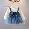 Fille Robes Bébé Filles Princesse De Mode Patchwork Arc Décor O-cou Enfants A-ligne Robe Coréenne Doux Mignon Enfants Vêtements Pour 1-4Y