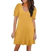 Casual Dresses Womens Puff Short Sleeve Summer V Neck T Shirt Mini Dress Fashion Acidy Color A-Line Pleat Vestido