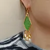 ぶら下がりイヤリングYygem Green Rhombus Jadedared天然培養白い淡水パールスタッドビンテージスタイル