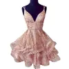 Bling Rose Pink Short Prom Homecoming Dresses Ruffle V-neck Crystal Beaded Sashes Evening Sweet 16 cocktail dress girls