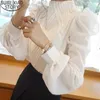 Frauen Blusen Shirts Frühling Plissee Stehkragen Bluse Laterne Hülse Hemd Frauen Tops Koreanische Kleidung Sonnenschutz Mode Blusas 230510
