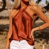 Kvinnors tankar Camis satin Silkskjorta Kvinnor Strappy Cross Over Halter Neck Tank Top Rygglös Crop Top Bandage Vest Elegant Sexy Tops Woman Clothes Z0510