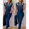 Womens Designer Clothing Tracksuit Workplace 2-piece Outfits 2023 New Fashion Printed Ruffle Sleeve Top Solid Pants Set With Belt