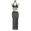 Tvådelad klänning H80 S90 Fashion Sexig bling diamnond mesh ihålig ut Holiday bodycon halter justerbar topp bh kjol 230509