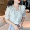 Bloups feminina Mulheres Camisas de verão de chiffon 2023 Roupas da moda coreana v pescoço branco tampo mujer renda de retalhos