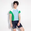 Women's Swimwear Boy Two Piece Swimsuit Short Sleeve Shirt Shorts Solid Grey Blue Patchwork Sport Teenager Children 2023 Beach Wear