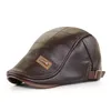 Berets Retro PU Leather Hats For Men Autumn Winter Faux Hat Middleaged Men's Visor Warm Flat ed Cap Adjustable 230509