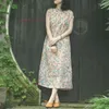 Etniska kläder 2023 Kinesisk vintage klänning Qipao National Flower Print Cotton Linen Improved Cheongsam Oriental Folk