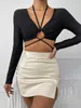 Serbatoi da donna Camis Y2k Sexy Plain Halter Lace Crop Top Pullover a maniche lunghe da donna Vestibilità regolare Stretch medio Increspato Incrociato Tie Back Tee Z0510