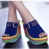 Slippers Summer Women Wedge Heel Rivet Woman Slides Open Toe High Heels Sandals For Ladies Shoes Fashion Suede Belt Buckle