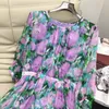 Casual Dresses Silk High Quality Summer Women Lantern Sleeve Green Purple Floral Printed Long Elegant O-Neck Folds Swinging Dress