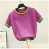 Kvinnors stickor Tees New Korean Short Sleeve Women Sweaters Summer Elegant O Neck Beading Flower Sticked Topps Female Plover Jum Dhtov