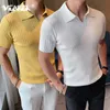 Мужская половая бренда летние рубашки поло мужчин с коротким рукавом футболка британская вязаная повседневная полоса модные модные нарывы ​​Ледяная шелковая ткань 230510