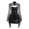 Feestjurken 2 stuks vintage jurk gotische punk zwart faux lederen flare mouw crop tops vrouwen sexy backless bodycon club