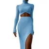 Casual Dresses Skinny Turtleneck Long Sleeve Sexy Two Piece Set Women Midriff Crop Top Side Slits Bodycon Skirts Stretchy Robe Wedding