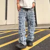 Heren jeans geïndividualiseerde patch jeans mannen en dames Amerikaanse High Street Hiphop Fried Street bedelaarbroek blauw losse kleine menigte dweilen z0508