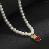 Chaînes Vintage Tempéramental Perle Perles Femmes Collier Ras Du Cou Rétro Rouge Gem Mignon Tigre Pendentif Clavicule Fille Doux Bijoux