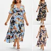 Casual Kleider Frauen Sommer Kleid Unregelmäßigen Saum Blumen Druck Spitze Up Böhmen Stil Plus Größe Damen Weibliche Kleidung