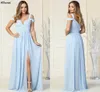 Light Sky Blue Flowy Chiffon A Line Prom Dresses Plus Size Off the Shoulder Pleated Long Bridesmaid Formal Wear Sexig Split Floor Length Evening Party Gowns CL2254