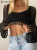 Damen TShirt Jacqueline 2023 Grün Langarm Stricken Crop Top Sommer Party Strand Sexy Hollow Out Smock T Shirts Fee y2k Kleidung 230510