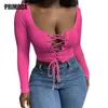 Serbatoi da donna Camis Primavera Autunno T-shirt Donna Full Bodycon Top Bottoni lavorati a maglia Ombelico Sexy Crop Top FashionLace Up Bandage Tees Mujer PR1701G Z0510