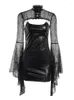 Feestjurken 2 stuks vintage jurk gotische punk zwart faux lederen flare mouw crop tops vrouwen sexy backless bodycon club