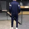 Gym Clothing Fashion Male Sweatsuit Slim Fit Men Tracksuit Long Sleeve Winter Striped Color Plush Lined Coat Sweatpants Set Windproof