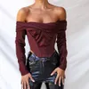 Damen-Blusen, Hemd, schulterfrei, Satin, Korsett-Oberteile, lange Ärmel, Slash-Ausschnitt, weinrot, elegante Hemden, sexy, rückenfreies Top, abgeschnitten, 230510