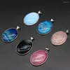 Pendant Necklaces Natural Agates Stone Pendants Oval Shape Silver Plated Blue Stripe For DIY Necklace Earrings Jewelry Making Crafts