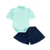 Clothing Sets Toddler Girls Summer Casual Outfits Light Green Short Puff Sleeve Romper Dark Blue Denim Shorts 3-24Months