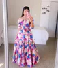 Women's Jumpsuits & Rompers Woman Off Shoulder Floor Length Dress Sunflower Butterfly Floral Printed Short Sleeve Cake Pleated S-XL