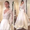 Weiße Brautkleider mit applizierter Spitze, sexy, tiefer V-Ausschnitt, Illusion, lange Ärmel, A-Linie, Brautkleider, Brautkleid