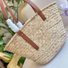 2024SS Beach Bags Women Grass Woven Vegetable Basket Fashion Out Totes Bag Adjustable Genuine Leather Shoulder Straps Imprinted Letters