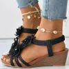 Sandals Tops Elastic Ankle Strap Women's Summer 2023 Bohemian Beach Shoes Floral Pattern Beaded Boho Wedges Female