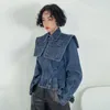 Women's Jackets Jacket Women Blue Denim Cape Pocket Trim Pleated Waistline Zipper Jean Female Korean Loose Outerwear Coats