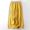 Calças femininas Capris Ankel Pants Women Cotton Linen Style Casual Feminino Legas Legal Moda Retro Bordado Retas Zen Tang Tang Suit