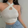 Women's Tanks Camis Women Black Y2K Tops Women Solid Tanks Cross Halter Tops Off Shoulder Knitted Strappy Sexy Tank Tops For Women Summer Z0510