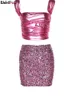 Zweiteiliges Kleid Weird Puss Damen 2-teiliges Set, seidiges, rückenfreies, gerüschtes Leibchen + Pailletten, glitzernde Miniröcke, Mitternachts-Clubwear, passende Anzüge, T230510