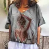 女性用Tシャツの油絵印刷された女性Tシャツファッショナブルな新しい夏の女性服が塗装されたカジュアルVネックTシャツストリートウェアP230510