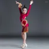 Stage Wear robe de danse latine rouge manches longues frange pour les filles Costume de compétition Cha Rumba BL6924