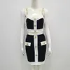 Vestido de dos piezas Ailigou 2022 Nuevo verano Sexy ajustado 2 piezas Patchwork Negro Blanco Sin mangas Botón dorado Mini bolso Falda de cadera Conjunto de mujer T230510