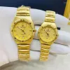 Armbandsur av hög kvalitet ingen blekning 24k guldpläterad mässing band kvinnors klocka för män kalenderfunktion stål japanska rörelse gåvor
