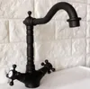 Kitchen Faucets Black Oil Rubbed Brass Double Handle Swivel Spout Taps Deck Mount Bathroom Sink And Cold Water Mixer Tap Dnf349