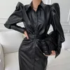 Casual Dresses Women PU Maxi Dress 2023 Autumn Puff Sleeve Womon Clothes Buttons Lady Big Girls Balck Faux Leather Soft #1024